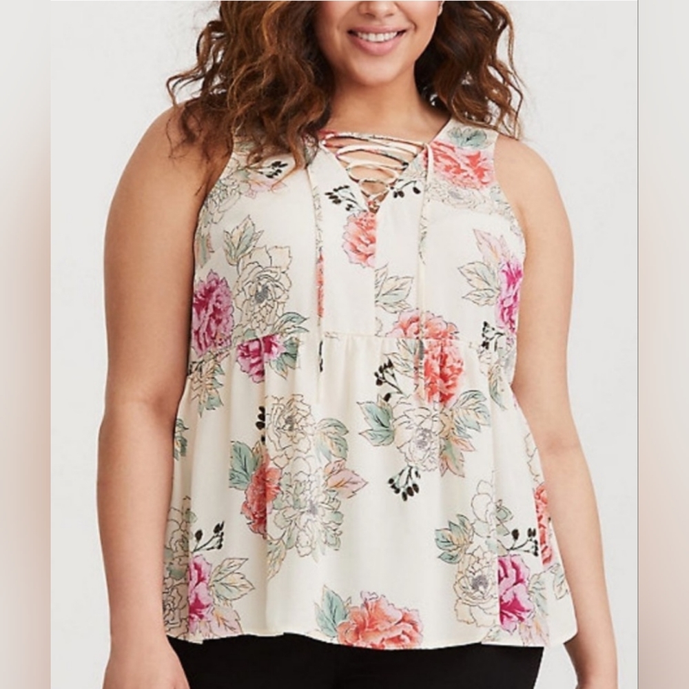Torrid 2 Ivory Floral Lace Up Tank
